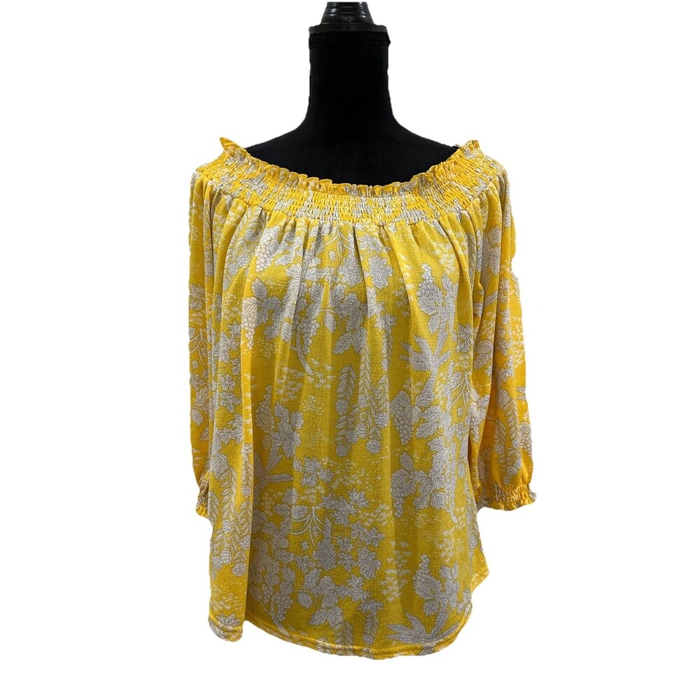 MELLODAY Women Size Large Top Yellow 3/4 Sleeve Blouse V Neck Pullover